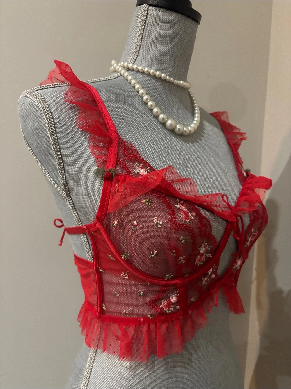Love & Lemons Rouge Underwire Bustier featuring red lace, floral embroidery